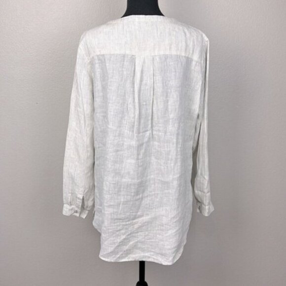 Sundance Linen Tuxedo Bib Tunic Top Stripe Long Sleeve Button-up Cream Blouse LP - Picture 4 of 8